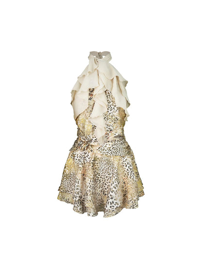 Vintage Leopard Backless Sleeveless Mini Dress With Tie