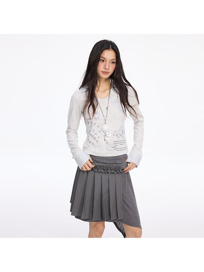 MOMSYCAN FOX LINE Patchwork Grid Collar Embroidered T Shirt With Soft Knit Fabric
