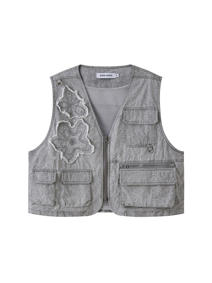 DIDDI MODA Vintage Washed Floral Patchwork Sleeveless Utility Jacket