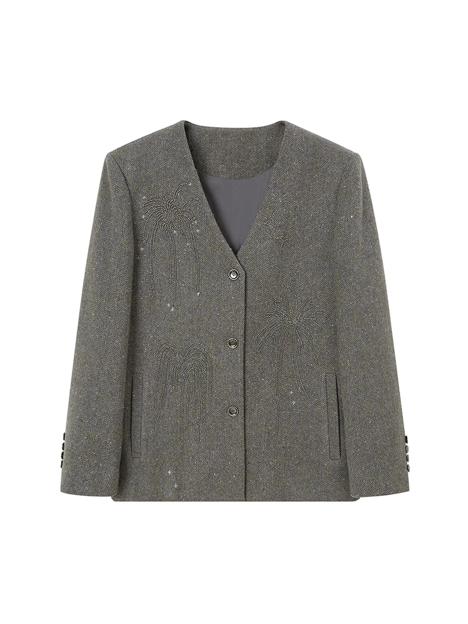 Luxury Wool V Neck Blazer With High Density Beaded Firework Embroidery