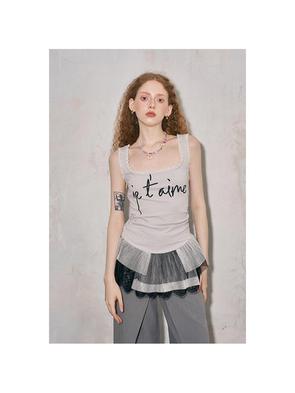 DIDDI MODA Sweet Edge Lace Trim Mesh Layered Crop Top