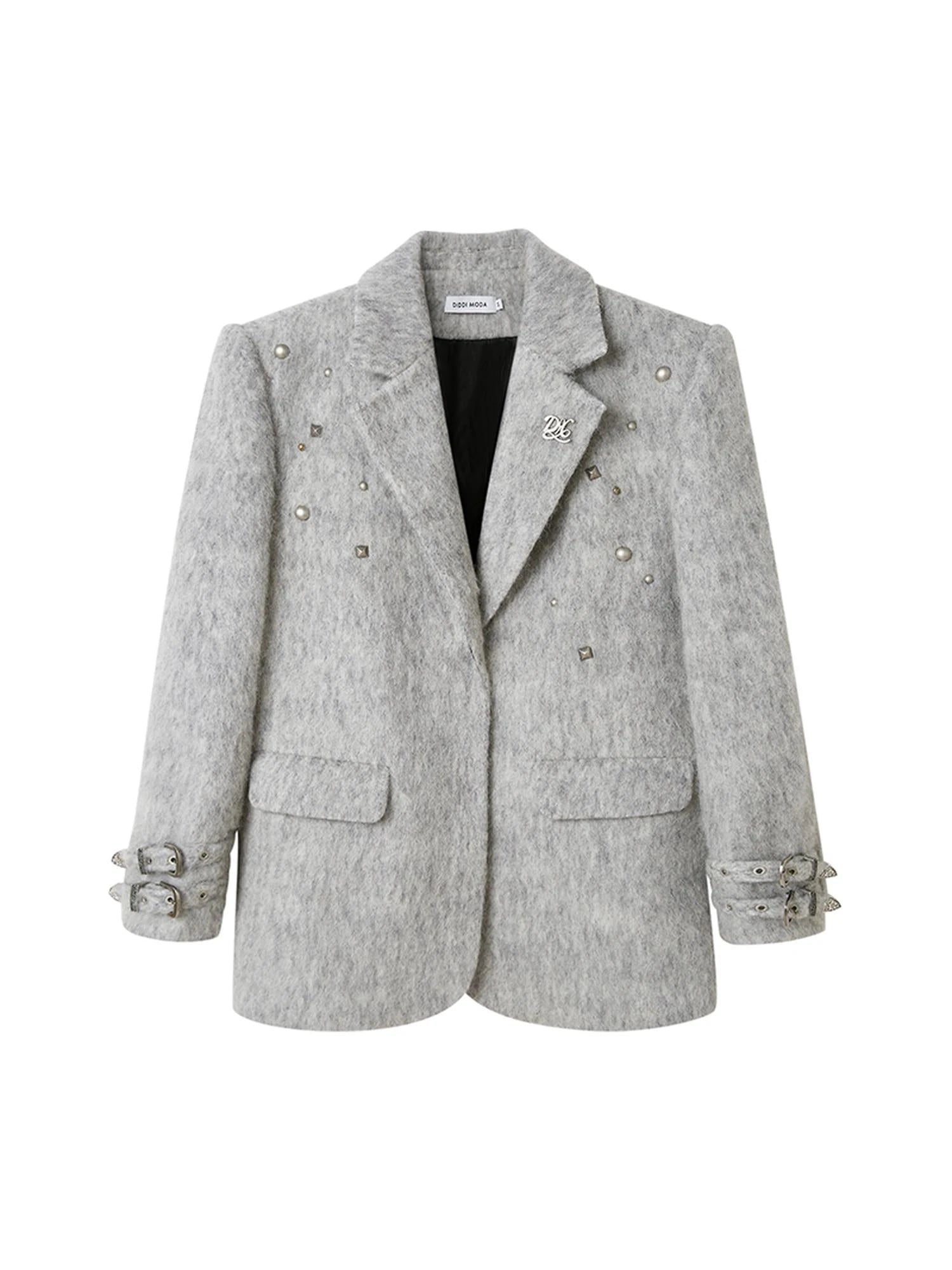 Grey Wool Blazer With Studs Shoulder Pads