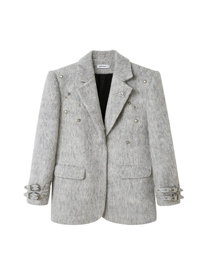 Grey Wool Blazer With Studs Shoulder Pads