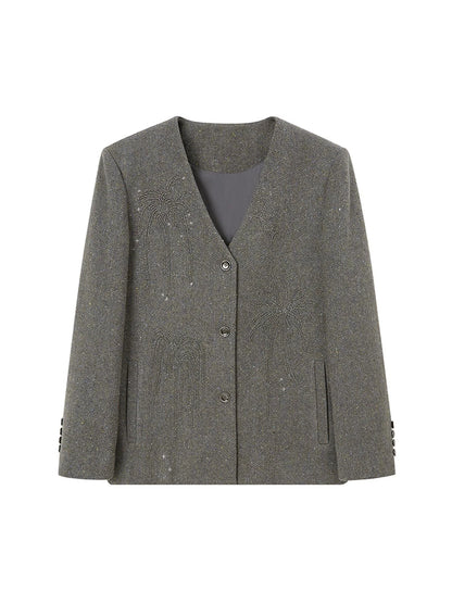 Luxury Wool V Neck Blazer With High Density Beaded Firework Embroidery