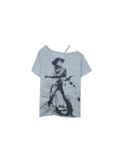 DoublePunch Oversized Off Shoulder Adjustable Drawstring Print T-Shirt