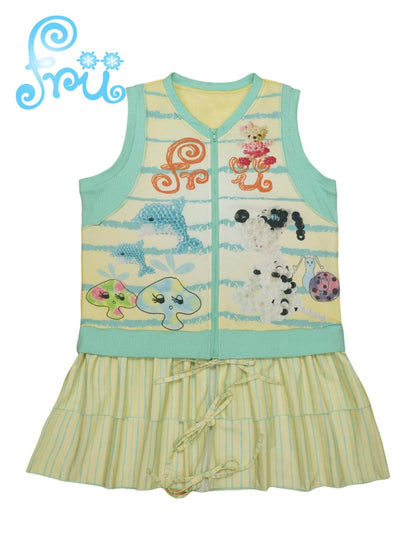 Frufruu Gulu Snowfield Print Patchwork Knit Yellow Green Vest Dress