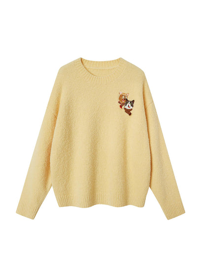 DIDDI MODA Cozy Cat Scarf Embroidery Knit Sweater