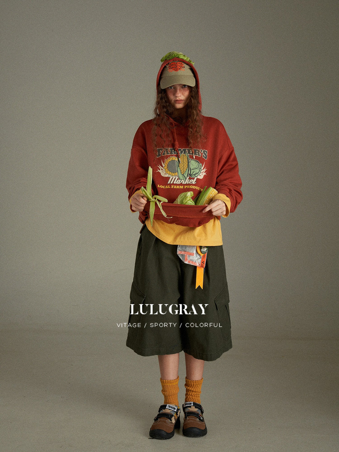 lulugray Cartoon Corn Print Vintage Relaxed Hooded Women&