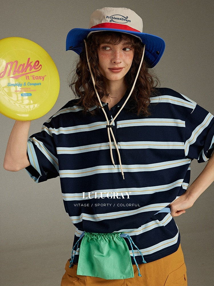 lulugray_Colorblock_Patchwork_Striped_Loose_Polo_Collar_Women&