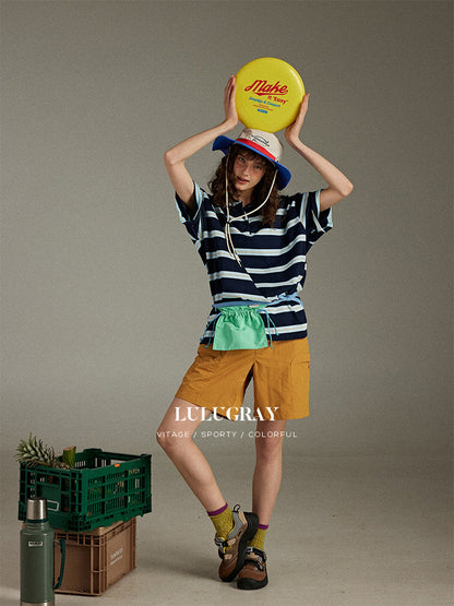 lulugray Colorblock Patchwork Striped Loose Polo Collar Women&