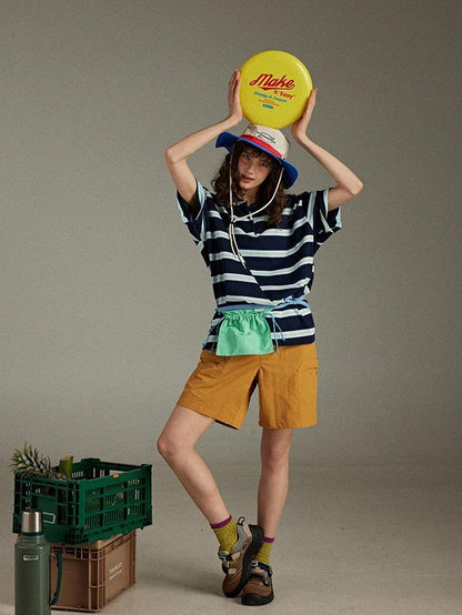 lulugray Colorblock Patchwork Striped Loose Polo Collar Women&