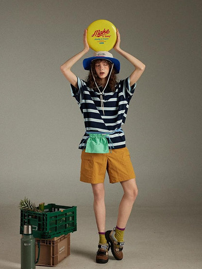 lulugray Colorblock Patchwork Striped Loose Polo Collar Women&