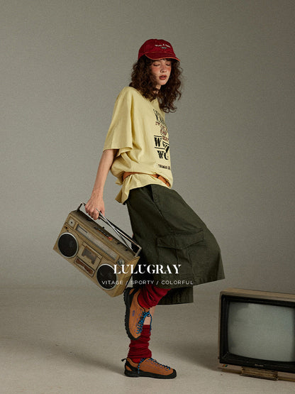 lulugray Letter Print Crew Neck Loose Mid Length Women&