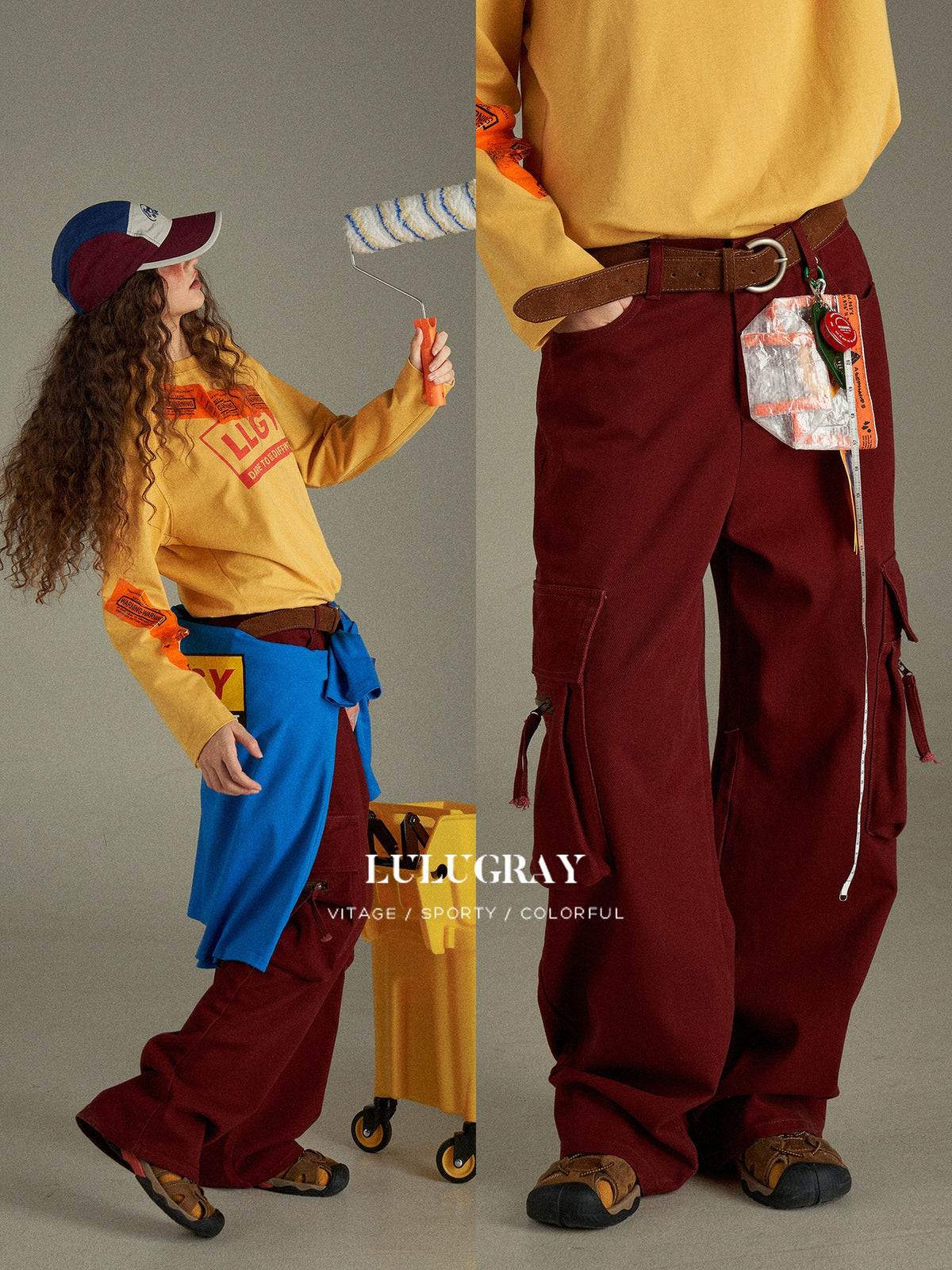lulugray Multi Pocket Retro Red High Waist Cotton Women&