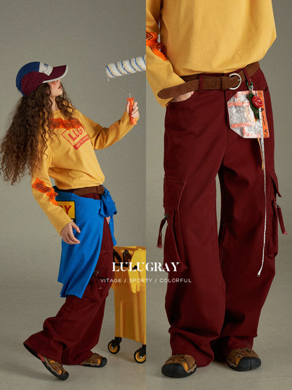 lulugray Multi Pocket Retro Red High Waist Cotton Women&