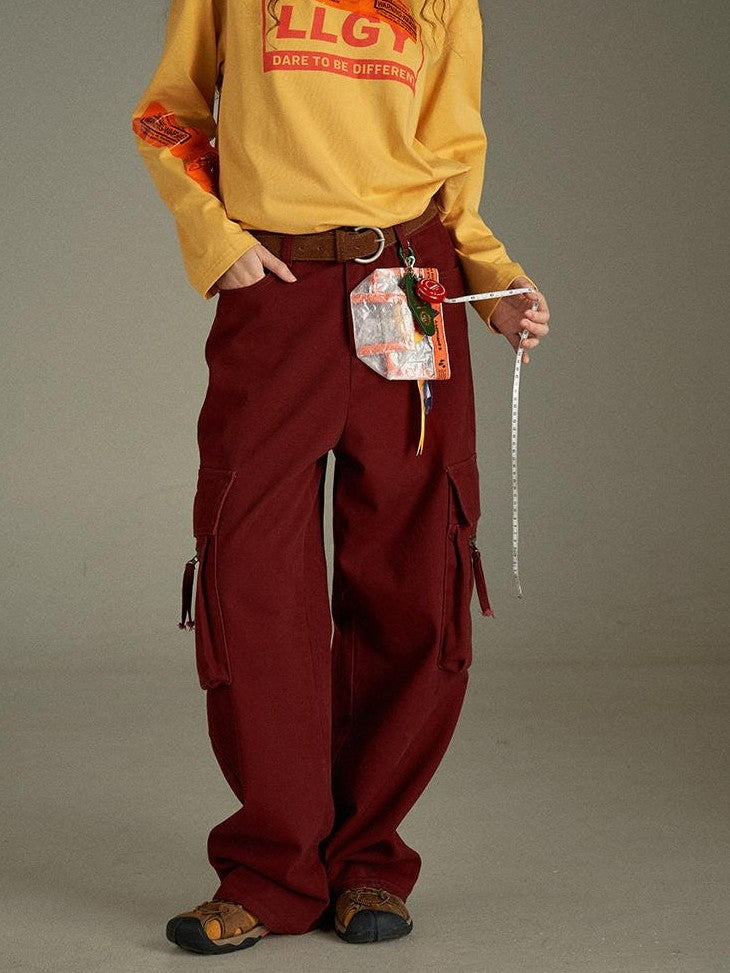 lulugray Multi Pocket Retro Red High Waist Cotton Women&