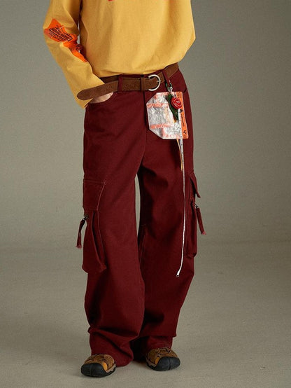 lulugray Multi Pocket Retro Red High Waist Cotton Women&