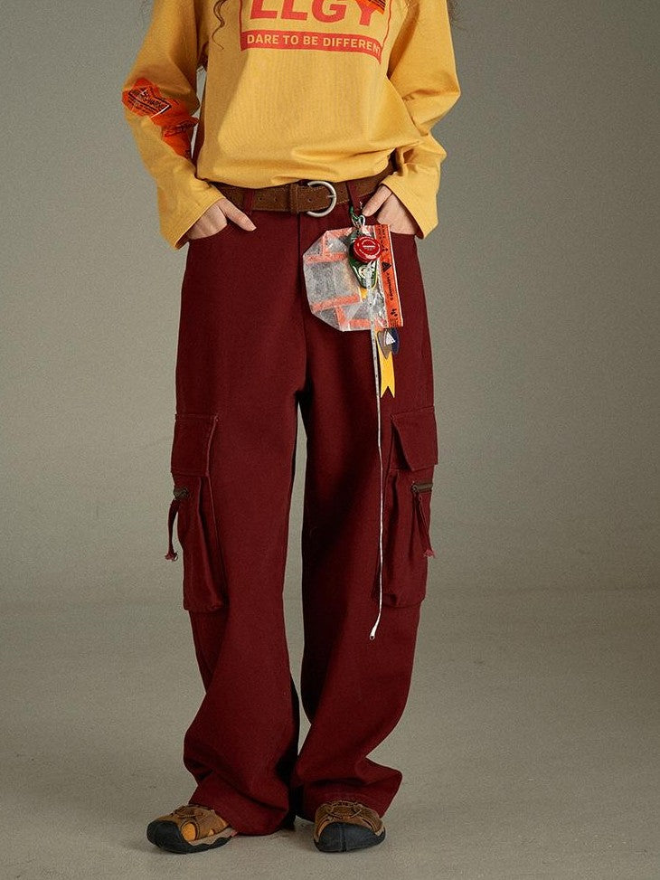 lulugray Multi Pocket Retro Red High Waist Cotton Women&