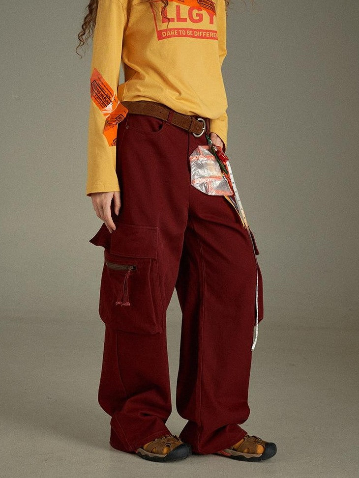 lulugray Multi Pocket Retro Red High Waist Cotton Women&