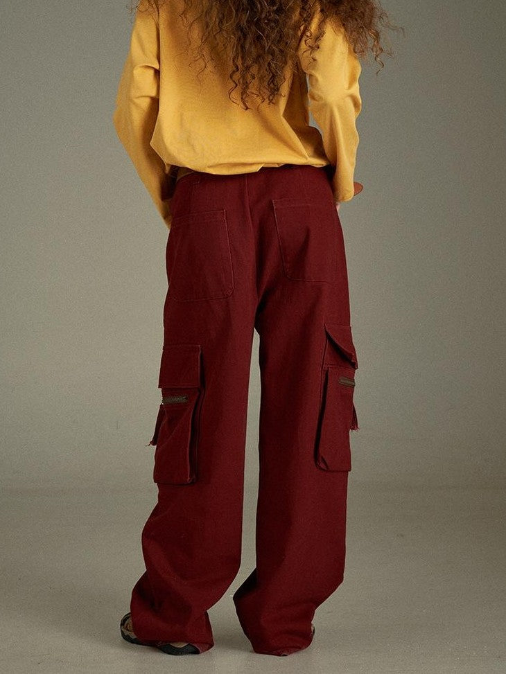 lulugray Multi Pocket Retro Red High Waist Cotton Women&