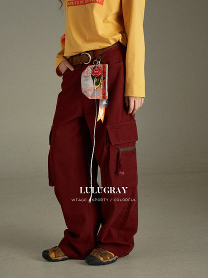 lulugray Multi Pocket Retro Red High Waist Cotton Women&