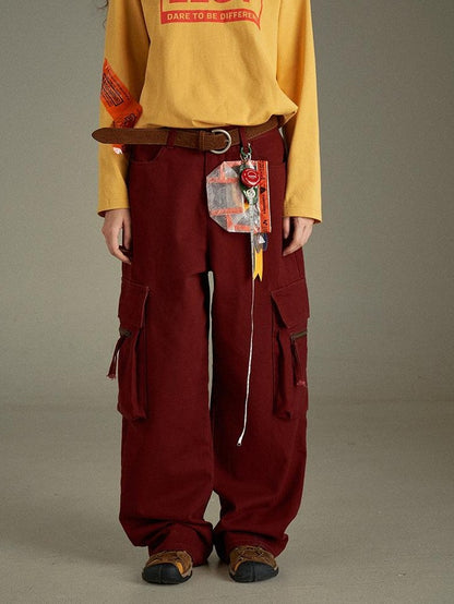 lulugray Multi Pocket Retro Red High Waist Cotton Women&