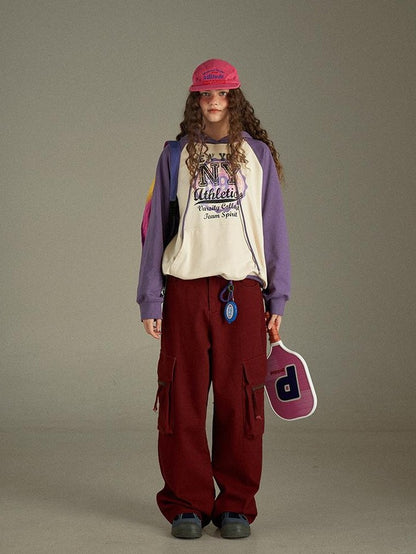 lulugray Multi Pocket Retro Red High Waist Cotton Women&