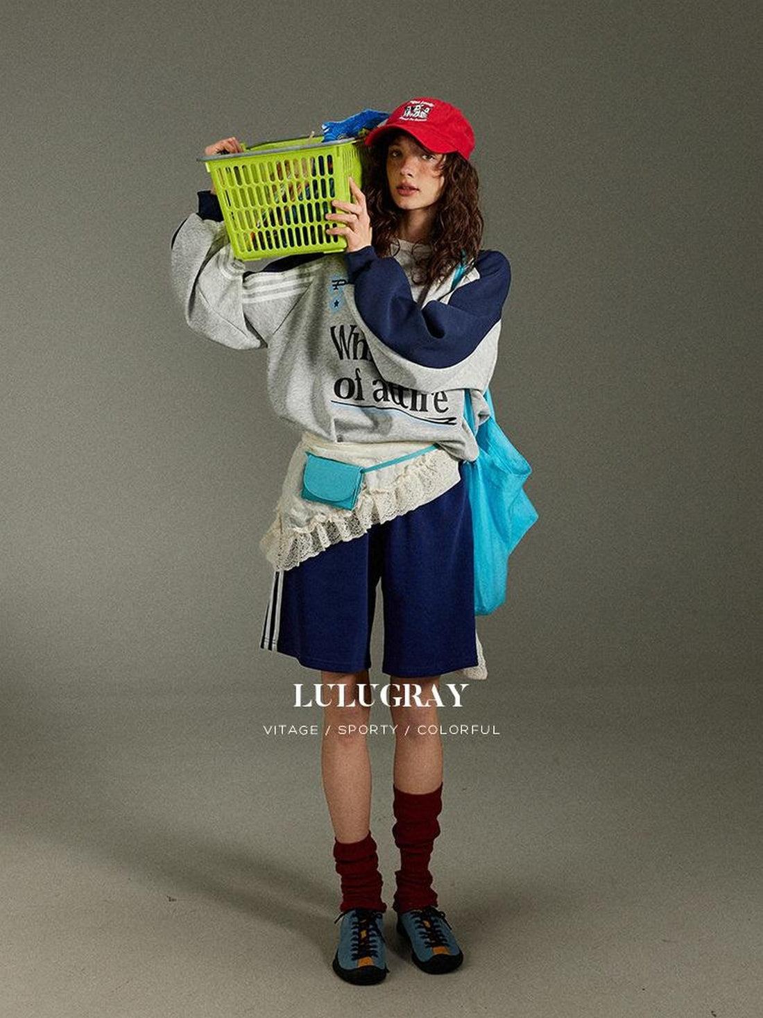 lulugray Retro American Colorblock Letter Print Raglan Women&