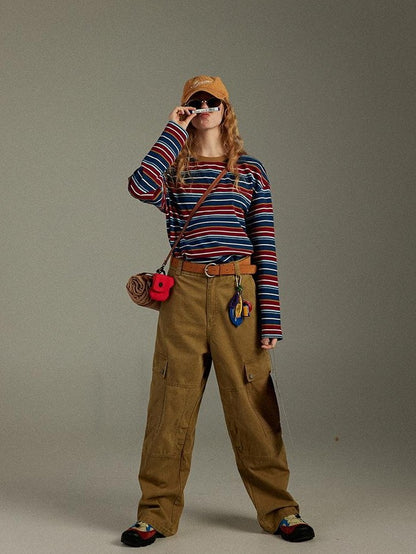 lulugray Retro Blue Red Contrast Striped Patchwork Women&