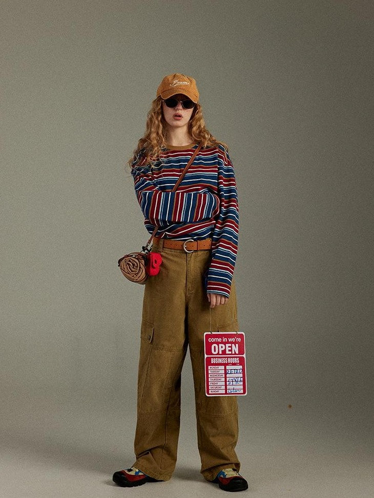lulugray Retro Blue Red Contrast Striped Patchwork Women&