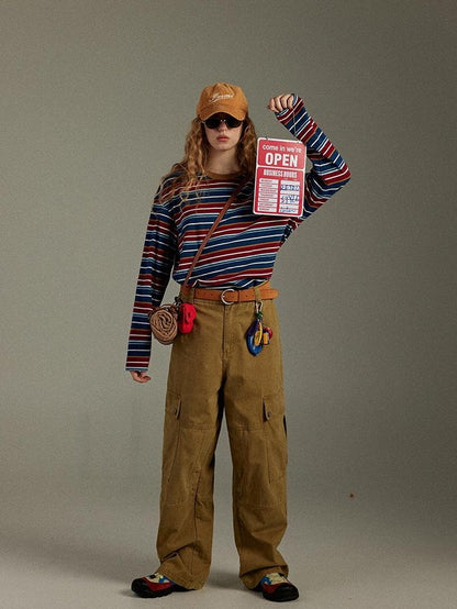 lulugray Retro Blue Red Contrast Striped Patchwork Women&