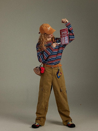 lulugray Retro Blue Red Contrast Striped Patchwork Women&