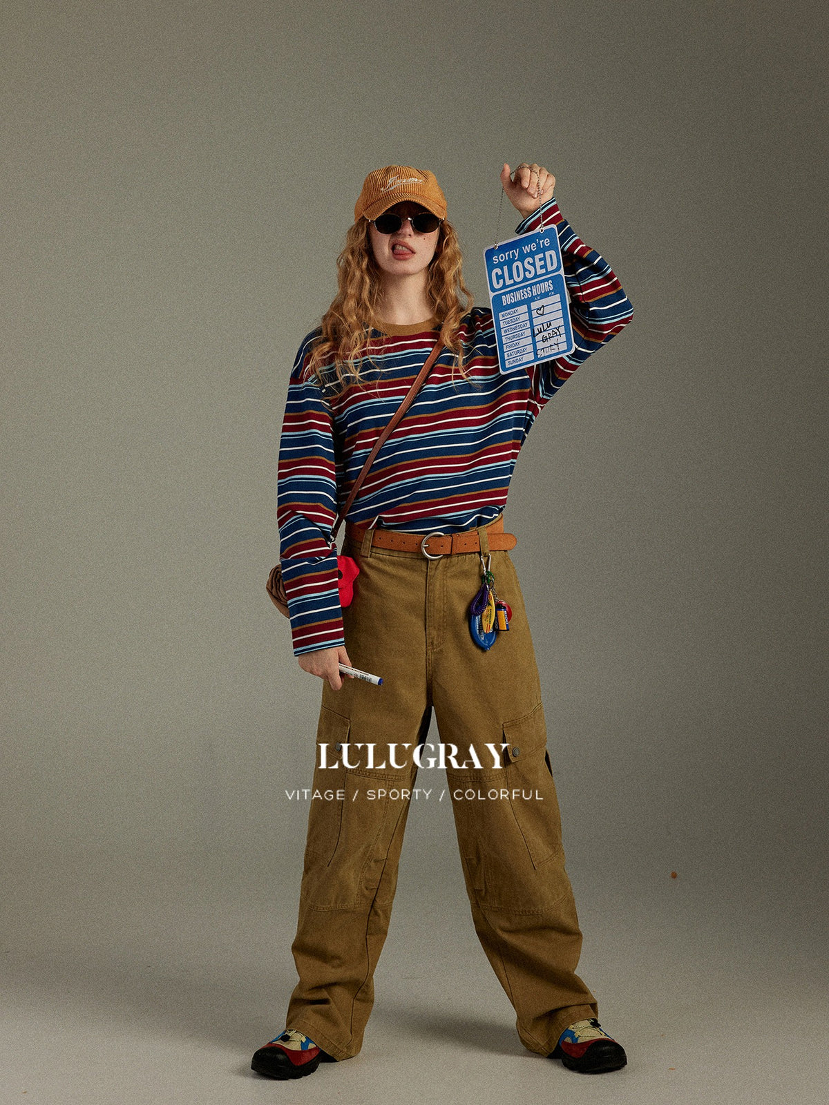 lulugray Retro Blue Red Contrast Striped Patchwork Women&