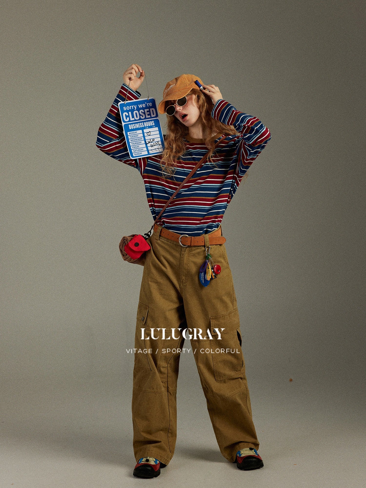 lulugray Retro Blue Red Contrast Striped Patchwork Women&