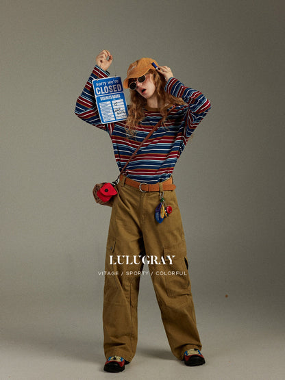 lulugray Retro Blue Red Contrast Striped Patchwork Women&