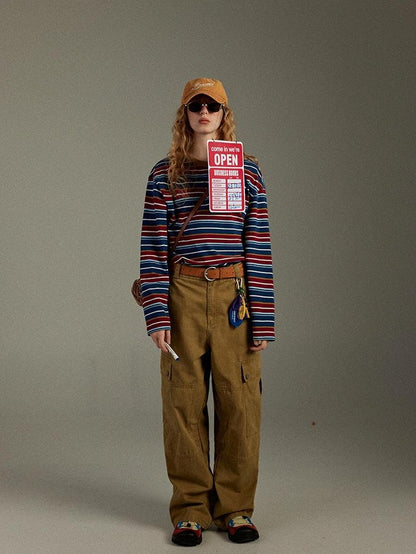 lulugray Retro Blue Red Contrast Striped Patchwork Women&