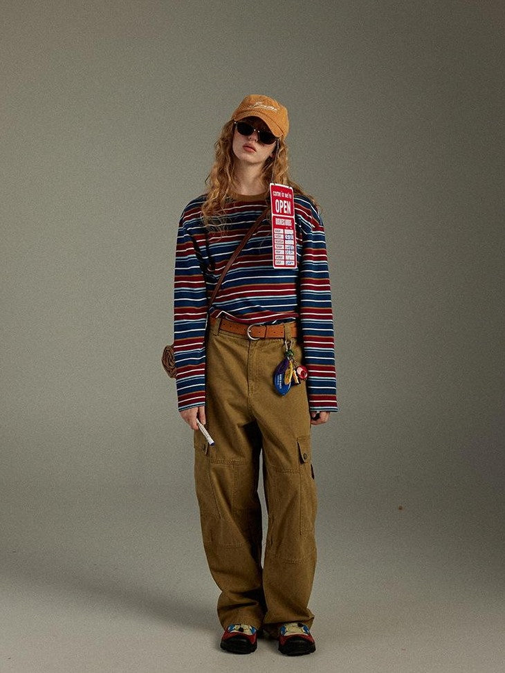 lulugray Retro Blue Red Contrast Striped Patchwork Women&