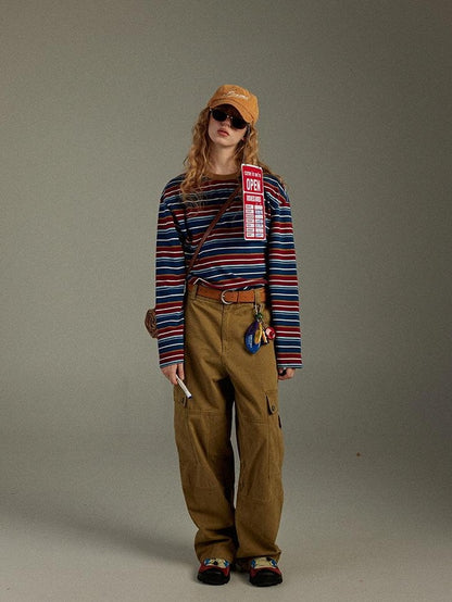 lulugray Retro Blue Red Contrast Striped Patchwork Women&