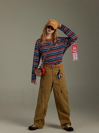 lulugray Retro Blue Red Contrast Striped Patchwork Women&