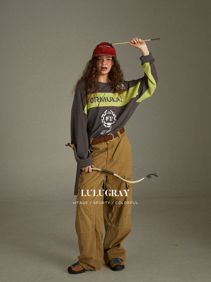 lulugray Retro Colorblock Letter Print Loose Fit Women&