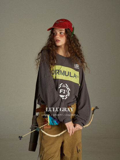 lulugray Retro Colorblock Letter Print Loose Fit Women&