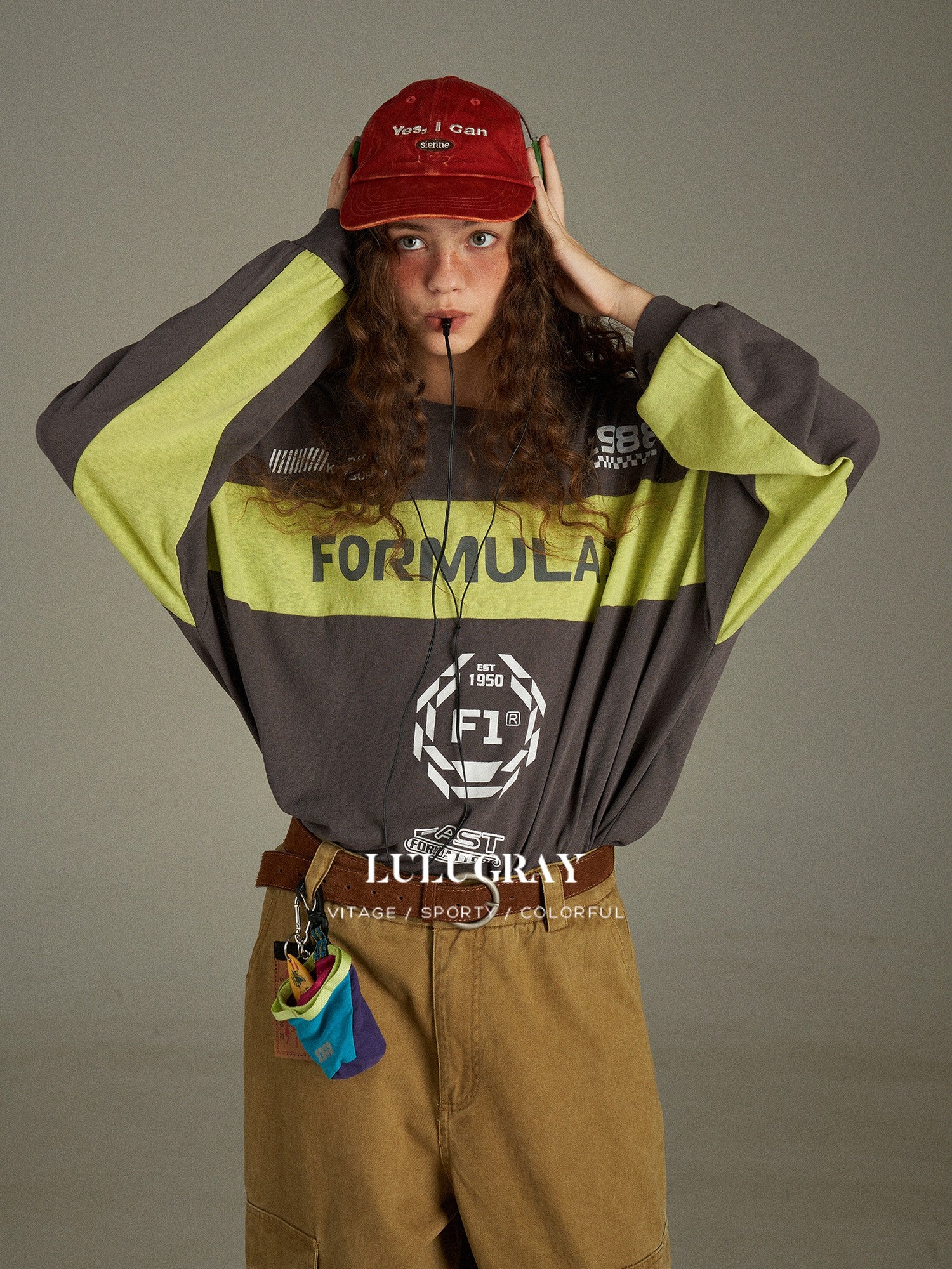 lulugray Retro Colorblock Letter Print Loose Fit Women&