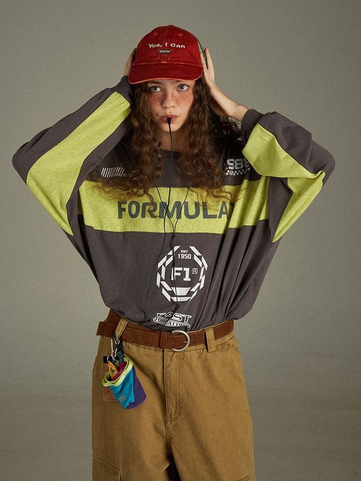 lulugray Retro Colorblock Letter Print Loose Fit Women&