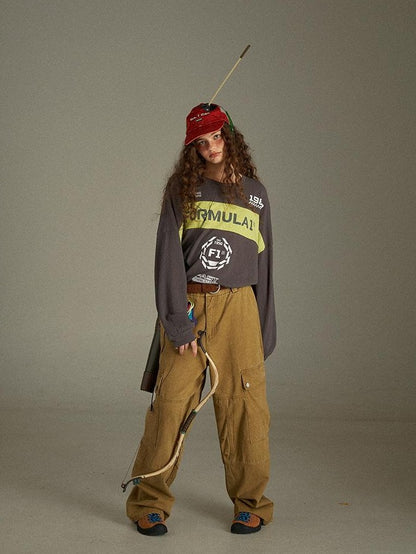 lulugray Retro Colorblock Letter Print Loose Fit Women&