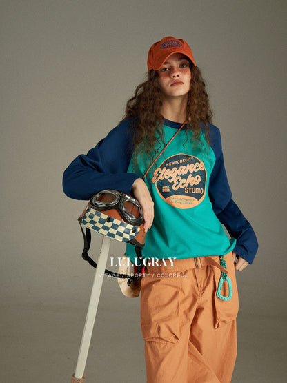 lulugray_Retro_Colorblock_Letter_Print_Raglan_Loose_Women&