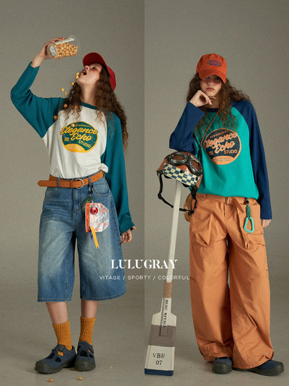 lulugray Retro Colorblock Letter Print Raglan Loose Women&