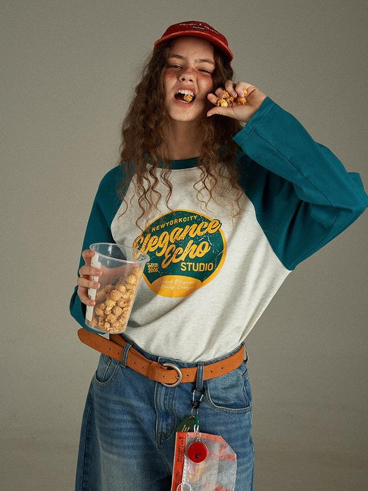 lulugray Retro Colorblock Letter Print Raglan Loose Women&