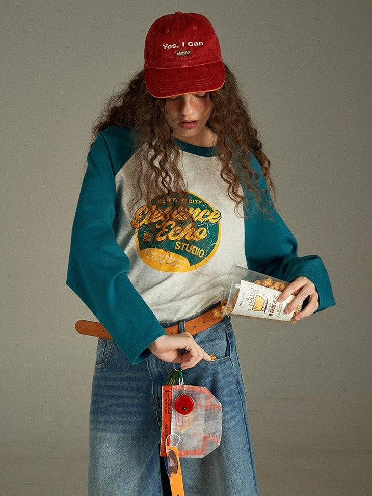 lulugray Retro Colorblock Letter Print Raglan Loose Women&
