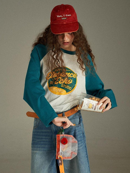 lulugray Retro Colorblock Letter Print Raglan Loose Women&