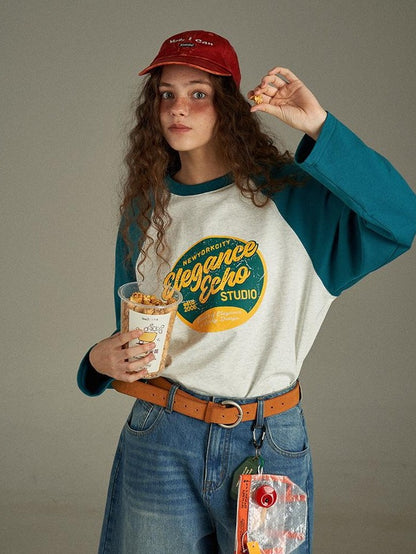 lulugray Retro Colorblock Letter Print Raglan Loose Women&